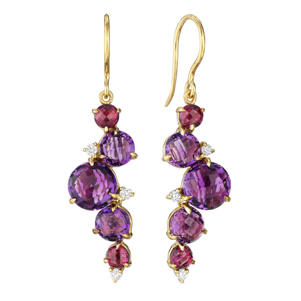 Cluster Amethyst Waterfall Earrings on Hooks