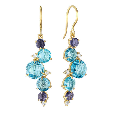 Cluster Blue Topaz Waterfall Earrings on Hooks 